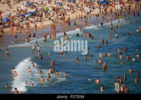 Dicembre 30, 2017: temperature oltre i 35 gradi Celsius tirare di masse di persone per la città affollate spiagge di Sydney, qui la spiaggia di Bondi, Sydney, Austral Foto Stock