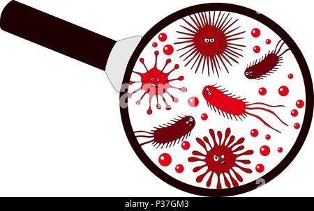 Microrganismo batterico in una lente di ingrandimento. I batteri e i germi di set colorati, micro-organismi, batteri, virus, protozoi sotto il vetro di ringiovanimento Illustrazione Vettoriale