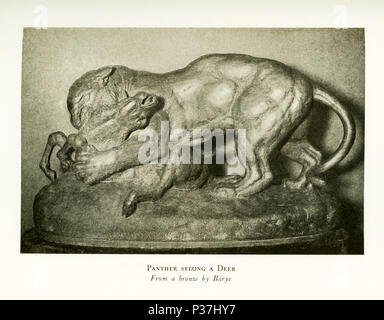 Antoine Louis Barye (1795-1875) era un romantico scultore francese. Egli è meglio conosciuto come scultore di animali (quindi un animalier). Questa scultura in bronzo di Barye è intitolato "Panther cogliendo un cervo". Foto Stock