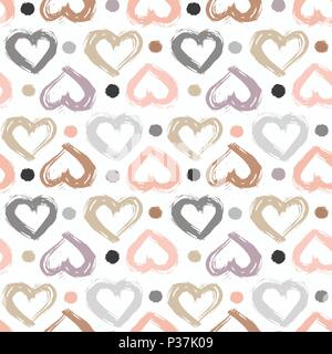 Modello senza cuciture con disegnati a mano cuore. Cuori dipinto di pennello asciutto. Illustrazione di inchiostro. Illustrazione Vettoriale