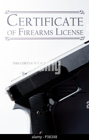 Hangun posa su una pistola / Armi da fuoco il certificato di licenza Foto Stock