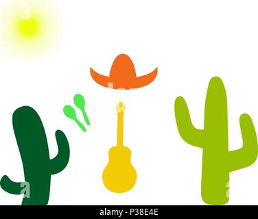 Imposta da una chitarra, maracases, cactus e sombreros isolato su uno sfondo bianco. Illustrazione Vettoriale. Messico Illustrazione Vettoriale