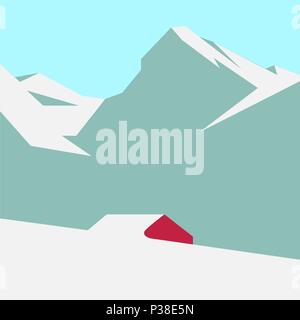 Montagna Innevata del paesaggio con una solitaria casa rossa. Illustrazione Vettoriale. Illustrazione Vettoriale