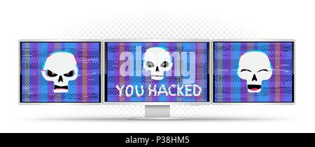 Divertente e arrabbiato bianco cranio hacker con voi hacked testo sul problema di schermata blu del dispositivo di monitor. La criminalità informatica hacked illustrazione di attacco Illustrazione Vettoriale