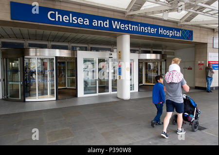 London, Greater London, Regno Unito. 16 Giugno, 2018. Vista generale dell'entrata del Chelsea e Westminster Hospital.L'Home Office ha rilasciato la cannabis medicinale petrolio confiscato dal Billy Caldwell la famiglia, che era stato utilizzato per trattare la sua severa epilessia. Il governo la manovra di indietreggiamento è venuto poco dopo il 12-anno-vecchio della madre, Charlotte, ha affermato di essere fiducioso il Home Office avrebbe concesso una licenza speciale in modo che suo figlio possa essere trattata con l'anti-epilettici medicina di cannabis. Credito: Gustavo Valiente/SOPA Immagini/ZUMA filo/Alamy Live News Credito: ZUMA Press, Inc./Alamy Live News Foto Stock