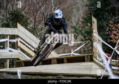 Professional downhill mountain biker Tahnee Seagrave competere nel British National Downhill Series, Cwmcarn, Galles. Foto Stock