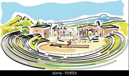 Una illustrazione vettoriale del Teatro Antico di Taormina in Sicilia, Italia. Illustrazione Vettoriale