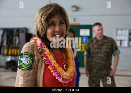 MARINE CORPS BASE HAWAII - Carole Kai, il presidente di Carole Kai di beneficenza e organizzatore per il grande Aloha eseguire, parla con un reporter dopo una cerimonia ospitata dalla Marine Aircraft Group 24 su agosto 12, 2016 all'interno di hangar 102 a bordo Marine Corps Air Station Kaneohe Bay. Kai, un nativo di Honolulu, ha visitato la base al fine di donare 10.000 dollari a nome della grande Aloha Run, che è stato suddiviso tra due enti di beneficenza militare, la Semper Fi fondo e la Fondazione Wingman. Il grande Aloha Run, che si alza di circa 400.000 dollari all'anno, supporta le associazioni di beneficenza locali e le organizzazioni militari e questo Foto Stock