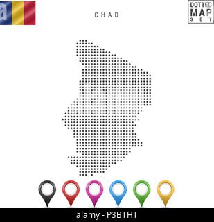 Vettore Mappa tratteggiata del Ciad. Semplice Silhouette del Ciad. La Bandiera Nazionale del Ciad. Insieme multicolore i marcatori mappa Illustrazione Vettoriale