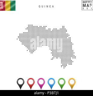 Vettore Mappa punteggiata di Guinea. Semplice Silhouette della Guinea. La bandiera nazionale della Guinea. Insieme multicolore i marcatori mappa Illustrazione Vettoriale