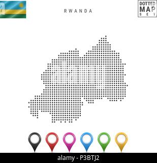 Vettore Mappa tratteggiata del Ruanda. Semplice Silhouette del Ruanda. La bandiera nazionale del Rwanda. Insieme multicolore i marcatori mappa Illustrazione Vettoriale