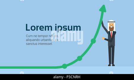Gli imprenditori arabi leader tenere il sollevamento financial freccia su crescita e lavoro di squadra concetto su sfondo blu, piatta e spazio di copia Illustrazione Vettoriale