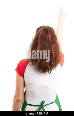 Vista posteriore o una donna il supermercato o ipermercato dipendente rivolto verso l'alto con il dito indice come presentare il concetto gesto isolato su sfondo bianco Foto Stock