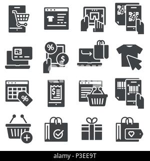 Shopping e di E-Commerce icone vettoriali impostato su sfondo bianco Illustrazione Vettoriale