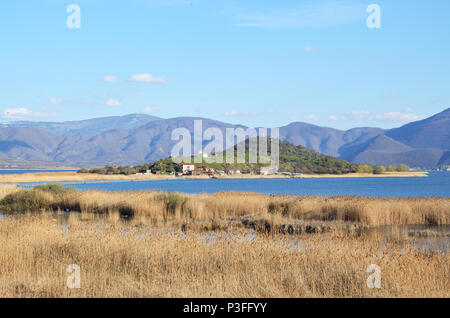 Isola di Agios Achilios nel lago piccolo Prespes Foto Stock