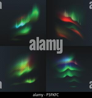 Stock illustrazione vettoriale impostare il nord e le luci polari isolate su un trasparente lo sfondo a scacchi. Tempeste magnetiche. Aurora Boreale. EPS 10 Illustrazione Vettoriale