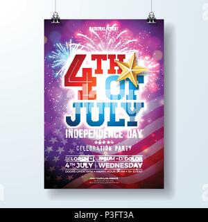 Giorno di Indipendenza degli STATI UNITI D'AMERICA Party Flyer illustrazione con la bandiera e la stella d'oro. Quarto vettore di luglio Design lucido su fuochi d' artificio sfondo per la celebrazione Banner, biglietto di auguri, invito o poster per le vacanze. Illustrazione Vettoriale