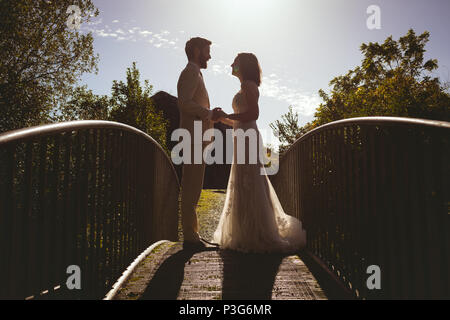 Sposa e lo sposo tenendo le mani sulla passerella Foto Stock