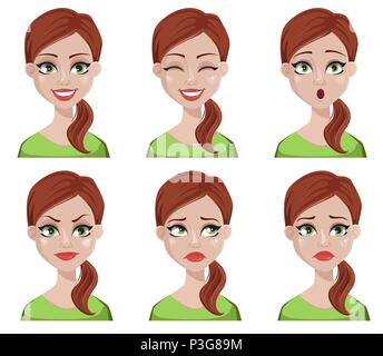 Faccia le espressioni di filtro donna con capelli castani. Diverse emozioni femmina set. Bellissimo personaggio dei fumetti. Illustrazione di vettore isolato su bianco b Illustrazione Vettoriale