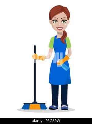 Impresa di pulizia personale in uniforme. Donna personaggio dei fumetti cleaner spazzola di contenimento e spruzzatore. Illustrazione Vettoriale. Illustrazione Vettoriale