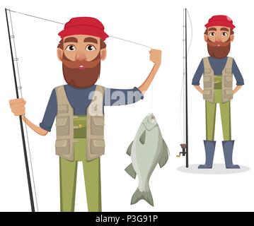 Fisher personaggio dei fumetti, set. I pescatori con il pesce pescato e con canna da pesca. Illustrazione Vettoriale Illustrazione Vettoriale