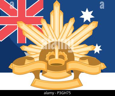 Anzac Day design con bandiera australiana e il Rising Sun Badge su sfondo bianco, illustrazione vettoriale Illustrazione Vettoriale