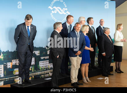 Stoccolma, Svezia, 18 giugno 2018. Il Ministro degli Esteri Margot Wallström ospitare una riunione ministeriale di Stoccolma in seno al Consiglio degli Stati del Mar Baltico, il Consiglio degli Stati baltici. La riunione principalmente per discutere il futuro ruolo del Mar Baltico la cooperazione e la sicurezza comune, servizi di salvataggio, la lotta contro il traffico di esseri umani e il supporto per i bambini vulnerabili e i giovani. Foto Stock