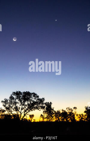 Tramonto di sera presto con la mezzaluna e il pianeta Venere nel cielo Kimberley WA Australia. Foto Stock