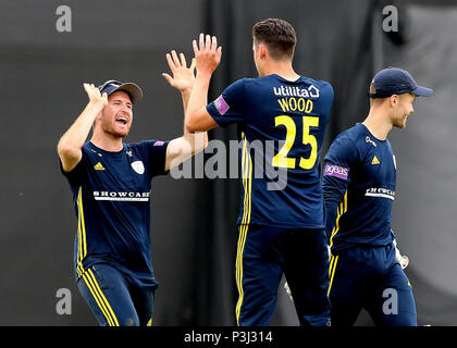 Il Hampshire Liam Dawson (sinistra) festeggia con Bowler Chris Wood, dopo il legno prende il paletto di Yorkshire Tim Bresnan durante il Royal London un giorno Cup, semi finale al Ageas ciotola, Southampton. Foto Stock