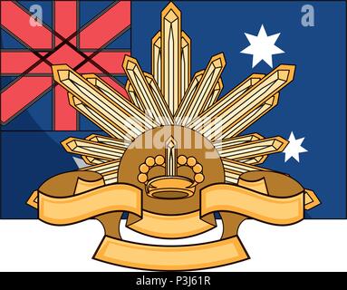 Anzac Day design con bandiera australiana e il Rising Sun Badge su sfondo bianco, illustrazione vettoriale Illustrazione Vettoriale