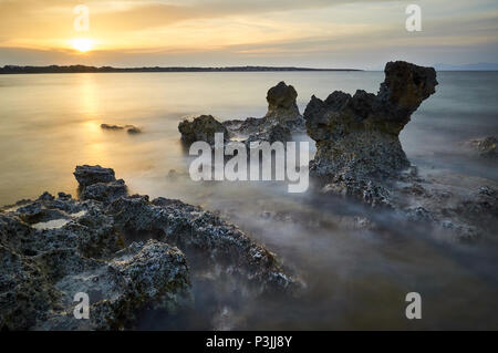 Tramonto dal litorale di Ses Bassetes con CAN Marroig sullo sfondo (parco naturale di Ses Salines, Formentera, Isole Baleari, Mar Mediterraneo, Spagna) Foto Stock