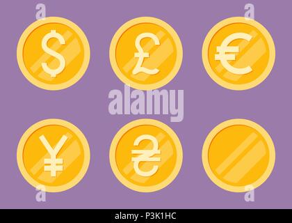 Monete set di icone. Appartamento Illustrazione Vettoriale - Dollaro, euro, sterlina, yen, Hryvna. Illustrazione Vettoriale