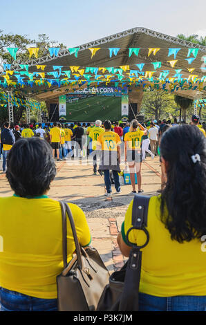 Campo Grande, Brasile - 17 Giugno 2018: brasiliani tifosi della squadra di calcio (Seleção Brasileira de Futebol) a Praça do Radio Clube per guardare la partita essere Foto Stock