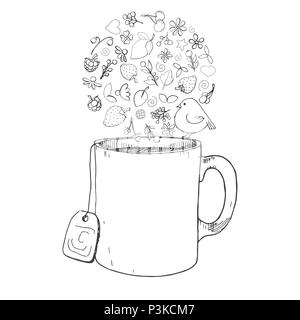 Disegnata a mano una tazza, diverse erbe, piante, frutti di bosco e di uccelli. Illustrazione vettoriale di un disegno stile. Illustrazione Vettoriale