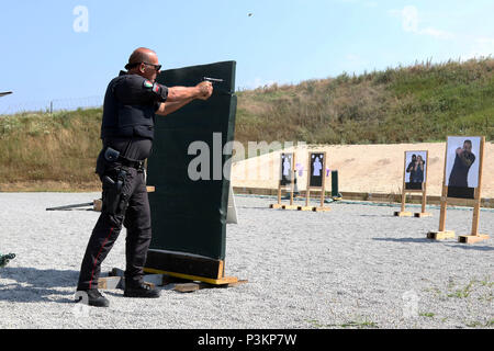 Un membro dei Carabinieri , dalla multinazionale unità specializzate, incendi a simulare un nemico tenendo il coperchio durante un tiro pratico esercizio su Camp Bondsteel, Kosovo Luglio 1, 2016. I membri dell'italiano-led MSU ha collaborato con i membri di Stati Uniti e tedesco delle forze armate durante l'esercizio, che mirava a testare il soldato della capacità di sparare, spostare e comunicare mentre è sotto pressione. Stati Uniti e le forze della NATO hanno contribuito alle Nazioni Unite-affidata la missione di mantenimento della pace in Kosovo a partire dal giugno 1999. (U.S. Foto dell'esercito da: Staff Sgt. Thomas Duval, multinazionale Battle Group-E Foto Stock