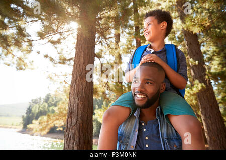 Padre passeggiate nel bosco che trasportano figlio sulle spalle Foto Stock