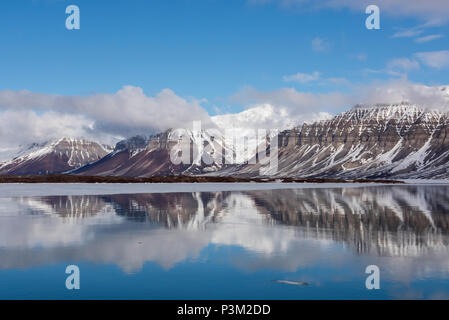 Norvegia Isole Svalbard, Spitsbergen, Isfjord. Arctic fjord riflessioni. Foto Stock