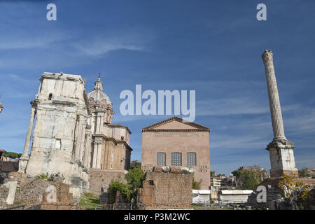 Arco di Settimio Severo e Curia Julia nel Foro Romano, Roma, Italia. Foto Stock