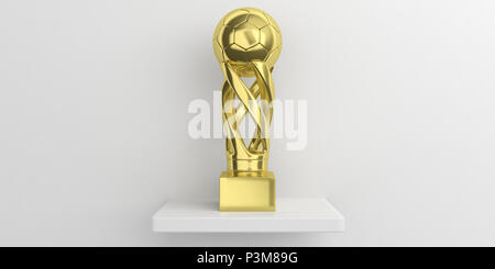 Di calcio. Soccer Football golden trophy su un ripiano, muro bianco sfondo, copia dello spazio. 3d illustrazione Foto Stock