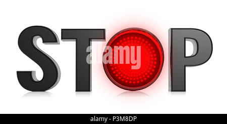 Testo di arresto con il semaforo rosso isolato su sfondo bianco. 3d illustrazione Foto Stock