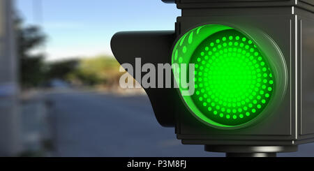 Led verde semaforo sulla sfocatura dello sfondo street, copia dello spazio. 3d illustrazione