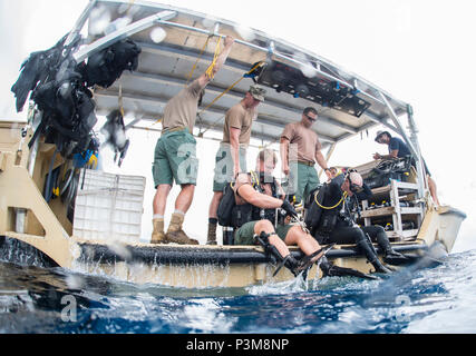 Seabee subacquei con Underwater Team di costruzione 2 Costruzione Dive distacco Bravo (UCT2 CDDB) preparare per entrare in acqua da un accendino, rifornimento anfibio, Cargo, 5 ton (LARC-V) al Pacific Missile Range Facility Barking Sands, Hawaii, il 6 luglio 2016. UCT2 CDDB è assegnato al trentesimo della costruzione navale sotto il reggimento Commander, Task Force (CTF) 75, il primario expeditionary task force responsabile per la pianificazione e la realizzazione di zone costiere operazioni fluviali, l'eliminazione degli ordigni esplosivi, diving, ingegneria e costruzione, e costruzione di sottomarini negli Stati Uniti 7 area della flotta di re Foto Stock