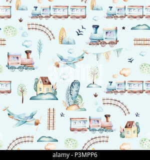 Baby boys world. Cartoon aereo, piano e vagone locomotiva illustrazione ad acquerello pattern. Giocattoli per bambini compleanno backgraund elementi di trasporto marittimo Foto Stock