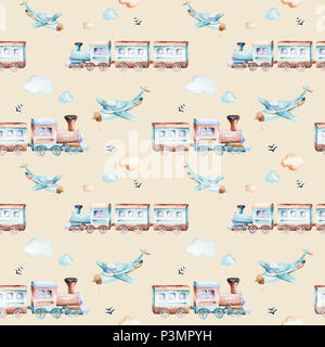 Baby boys world. Cartoon aereo, piano e vagone locomotiva illustrazione ad acquerello pattern. Giocattoli per bambini compleanno backgraund elementi di trasporto marittimo Foto Stock