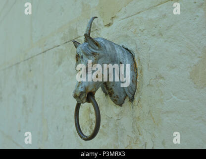 Vecchio arrugginito testa di un cavallo con un anello sulla parete di una stabile Foto Stock