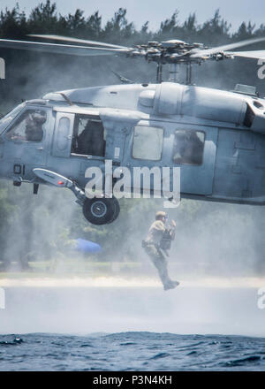 Un marinaio assegnato per l'eliminazione degli ordigni esplosivi unità mobile 5 (EODMU5) plotone 142 esce un MH-60 Seahawk appartenenti alla "Isola Cavalieri del Mare in elicottero Combat Squadron 25 (HSC-25) al largo di Guam Maggio 8, 2017. EODMU5 sta attualmente testando la sua capacità di distribuire beni da varie piattaforme, compresi gli elicotteri e pattuglie, ad aumentare la sua interoperabilità adattativo. EODMU5 conduce la mia contromisure, esplosivi improvvisati operazioni del dispositivo, rende sicuro rischi di esplosione e disarma underwater esplosivi come mine. Foto Stock