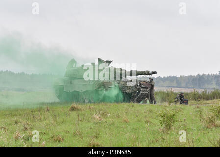 Soldati austriaci con il Bundesheer plotone, reagiscono per simulare un migliorato dispositivo esplosivo, durante l'Europa forte sfida del serbatoio (SETC), al settimo Esercito di formazione il comando Grafenwoehr Area Formazione, Grafenwoehr, Germania, 8 maggio 2017. L'Europa forte sfida del serbatoio (SETC) è co-ospitato da U.S. Europa dell'esercito e dell'esercito tedesco, può 7-12, 2017. Il concorso è destinato a sporgere una presenza dinamica, favorire il partenariato militare, promuovere l interoperabilità, e fornisce un ambiente per la condivisione di tattiche, le tecniche e le procedure. Plotoni da sei NATO e i paesi partner sono in competi Foto Stock