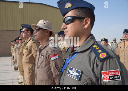 Coalizione militare membri stand in formazione durante il giorno della Bastiglia cerimonia Luglio 14, 2016 at Al Udeid Air Base, in Qatar. La Francia è uno dei 20 unite a sostegno della coalizione di aria che fornisce aria decisivo e potenza spaziale per combattere Daesh e altre organizzazioni terroristiche e di assicurare la stabilità del sud-ovest Asia regione. (U.S. Air Force foto/Technical Sgt. Carlos J. Treviño/rilasciato) Foto Stock