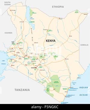 Kenya road e il parco nazionale di mappa vettoriale Illustrazione Vettoriale