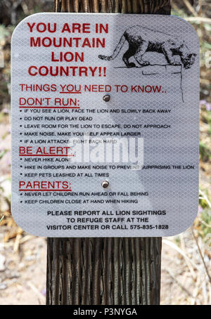 Nuovo Messico, San Antonio, Bosque del Apache National Wildlife Refuge, Canyon National Recreation Trail, mountain lion segno di avvertimento Foto Stock